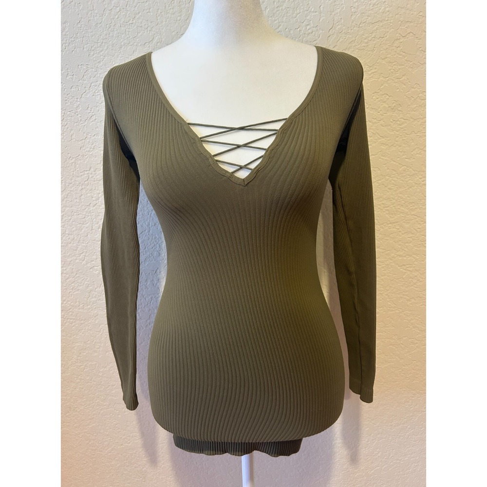 Intimately‎ Free People Ribbed Top Bodycon Olive Stretch Crossover Laces Sz S/XS